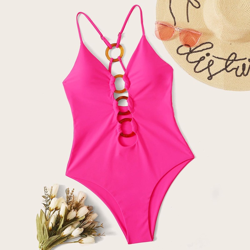 

Ring Linked One Piece Swimwear, Pink bright
