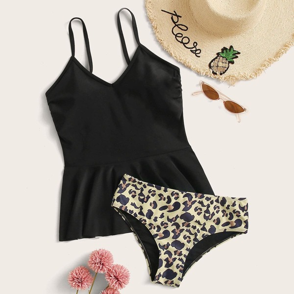 

Ruffle Trim Top With Leopard Panty Tankini, Multicolor