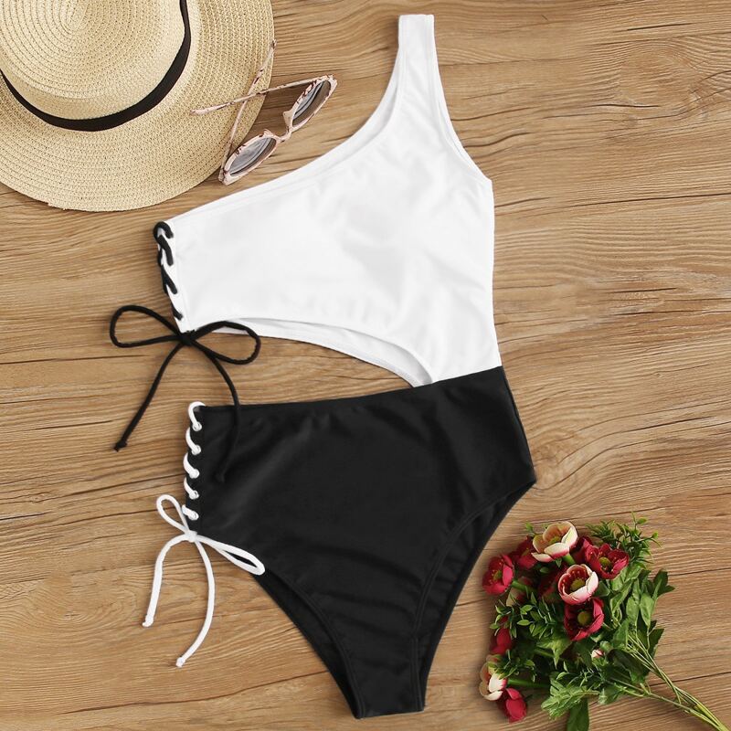 

Two Tone Lace-up Side One Piece Swimwear, Black and white