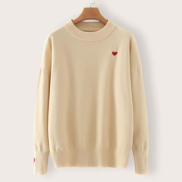 

Round Neck Heart Print Sweater, Beige