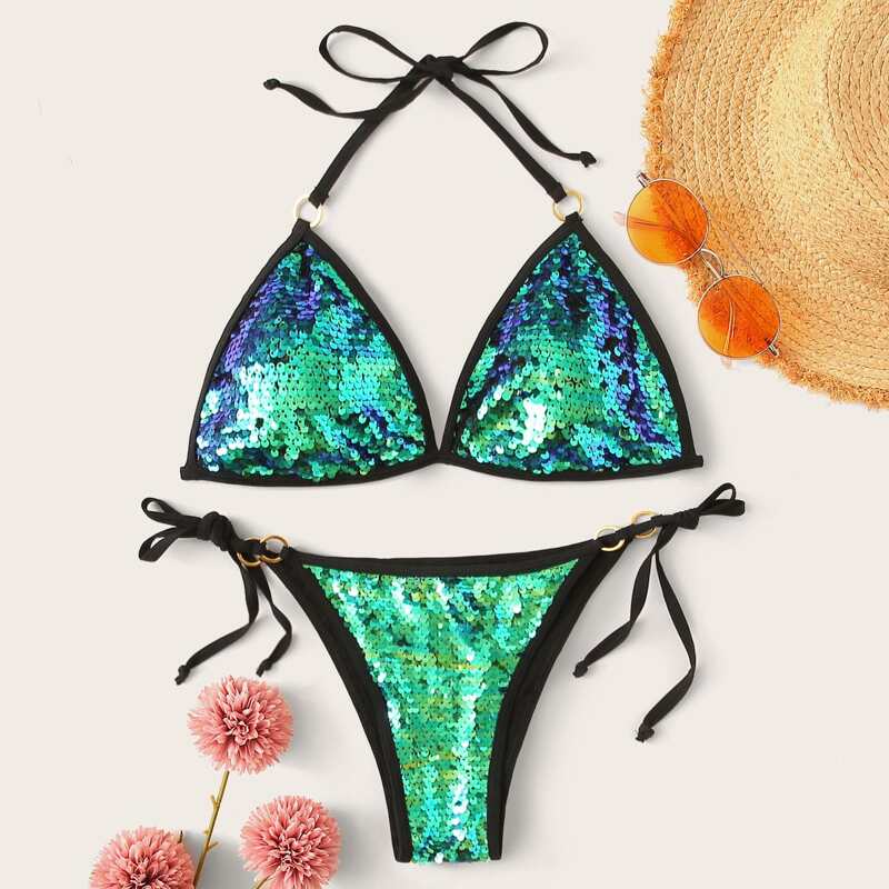 

Sequin Triangle Halter Top With Tie Side Bikini, Green