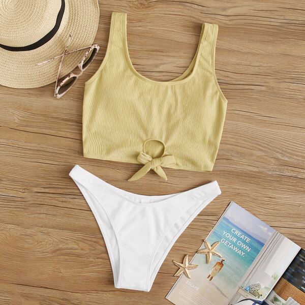 

Rib Knot Front Top With High Cut Bikini, Multicolor