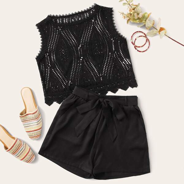 

Lace Tank Top & Belted Shorts, Black