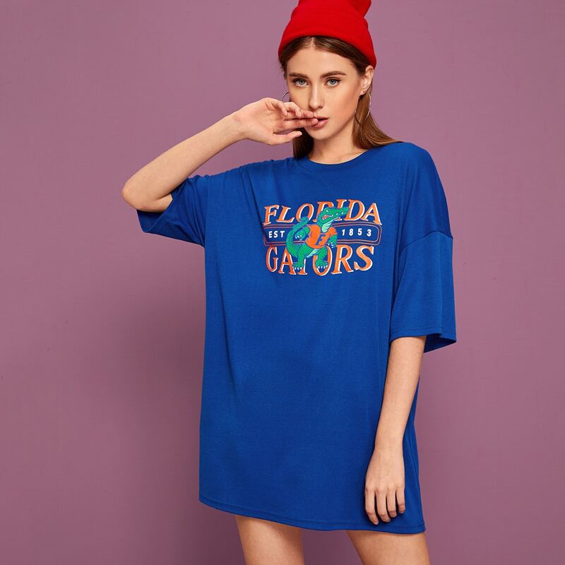 

Dinosaur & Letter Graphic Tee Dress, Blue