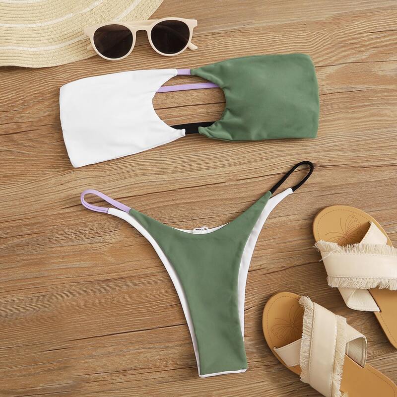 

Two Tone Bandeau With Thong Bikini Set, Multicolor