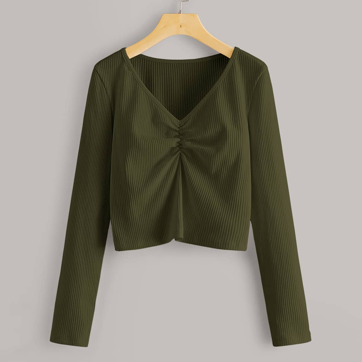 

Ruched Rib-knit Crop Top, Army green