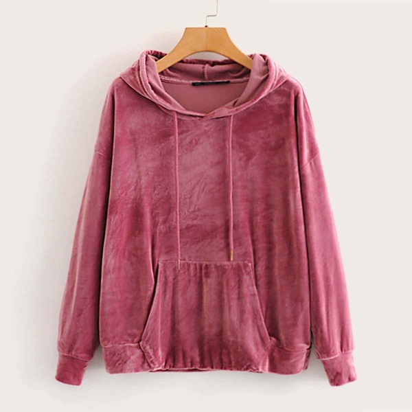 

Solid Velvet Oversized Drawstring Hoodie, Pink