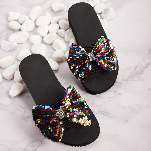 

Sequins Bow Decor Open Toe Sliders, Multicolor