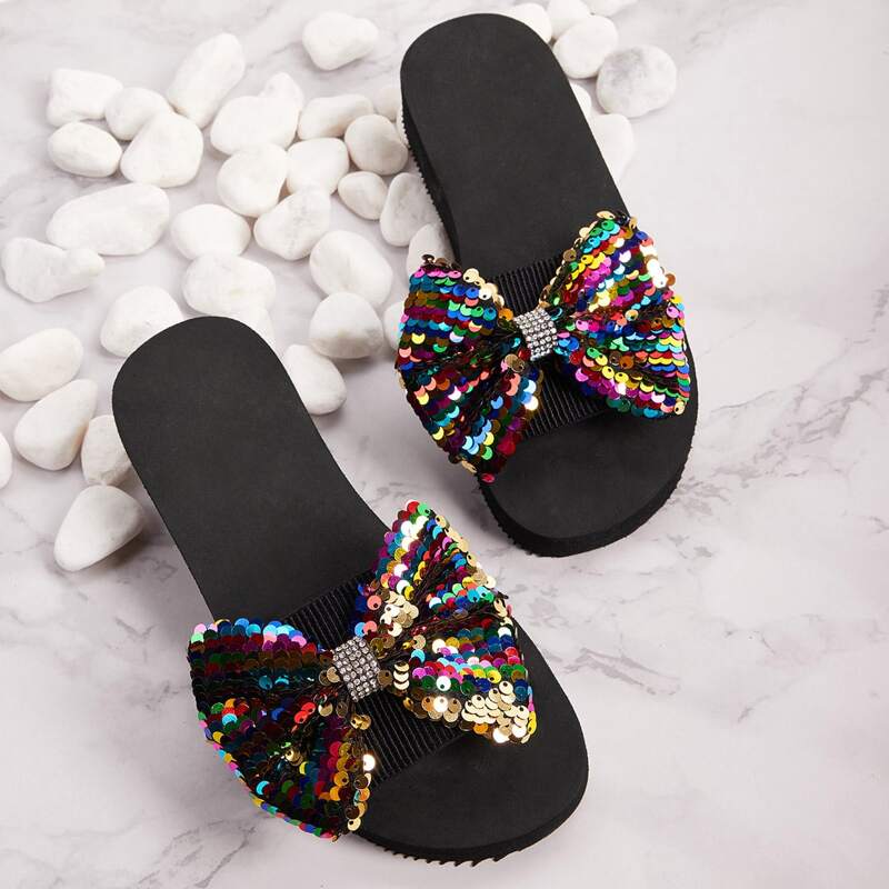 

Sequins Bow Decor Open Toe Sliders, Multicolor
