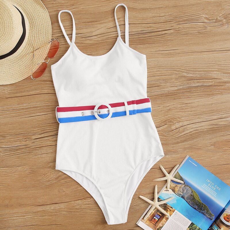 

Multi-color Belted One Piece Swimwear, White