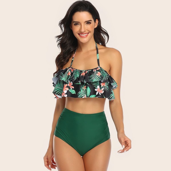 

Tropical Tiered Layer Top With High Waist Bikini, Multicolor