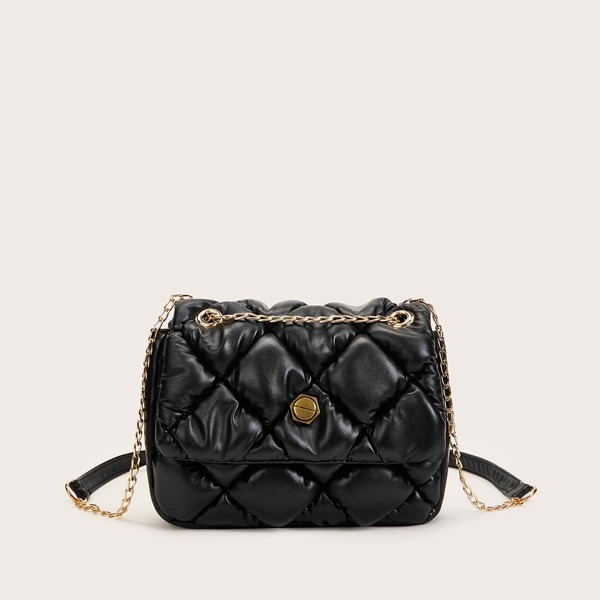 

Metal Decor Quilted Crossbody Bag, Black