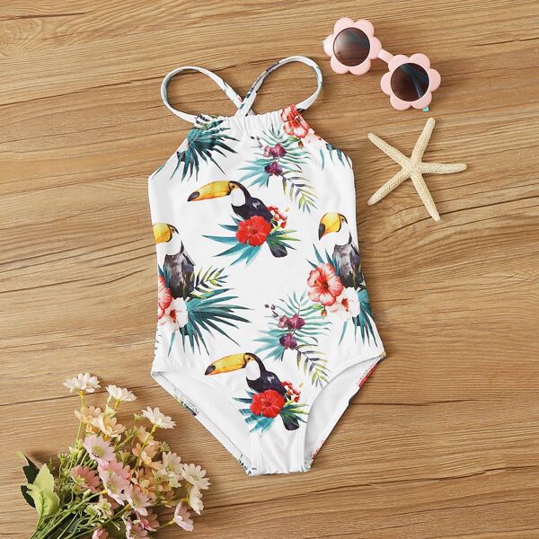 

Toddler Girls Tropical Criss Cross One Piece Swimwear, White