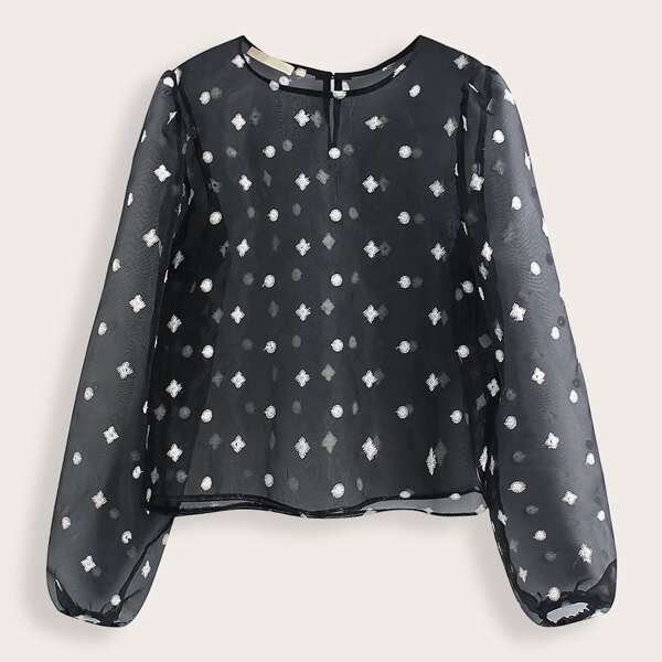 

Embroidered Detail Keyhole Back Organza Blouse, Black