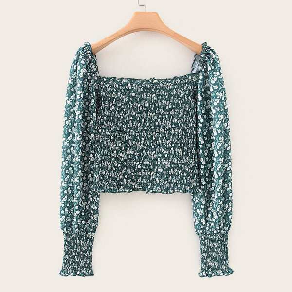 

Ditsy Floral Print Shirred Crop Blouse, Green
