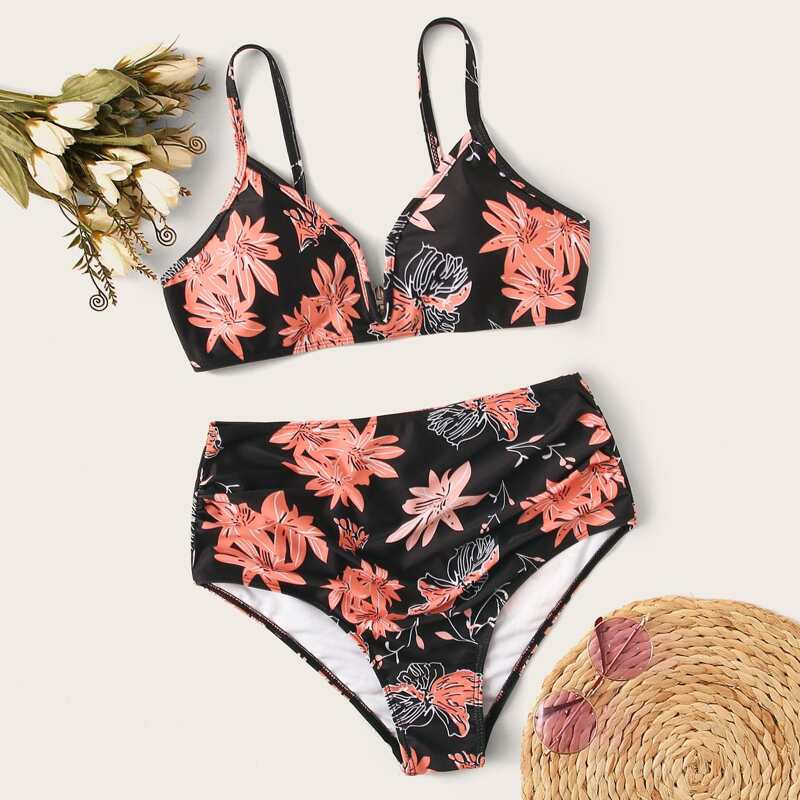 

Floral V Wired Top With High Waist Bikini, Multicolor