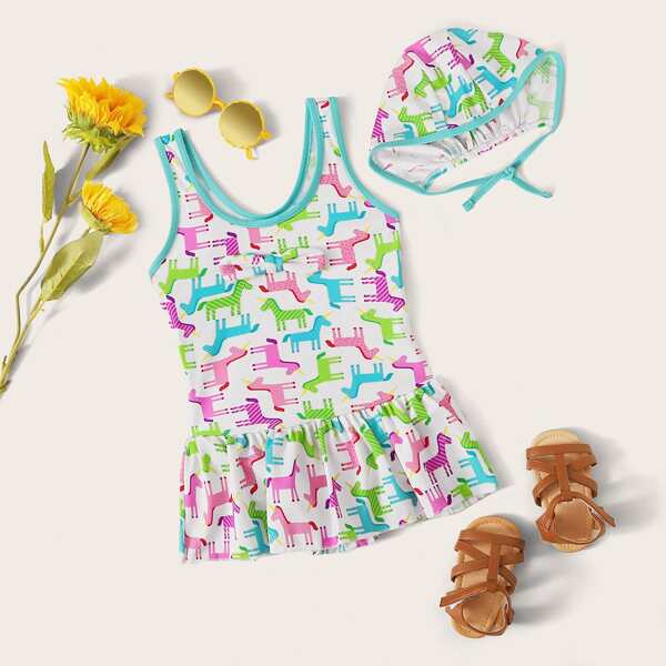 

Toddler Girls Cartoon Graphic One Piece Swimwear & Hat, Multicolor