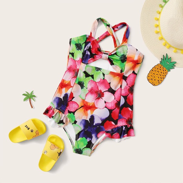 

Girls Floral Print Criss Cross One Piece Swimwear, Multicolor