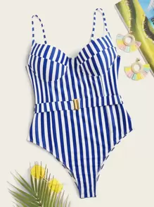 SHEIN Swim Striped Belted One Piece Swimsuit - Royal Blue - View 3