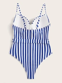 SHEIN Swim Striped Belted One Piece Swimsuit - Royal Blue - View 2