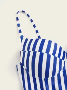 SHEIN Swim Striped Belted One Piece Swimsuit - Royal Blue - View 4