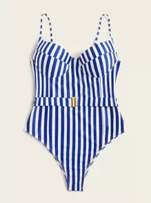 SHEIN Swim Striped Belted One Piece Swimsuit - Royal Blue - View 5