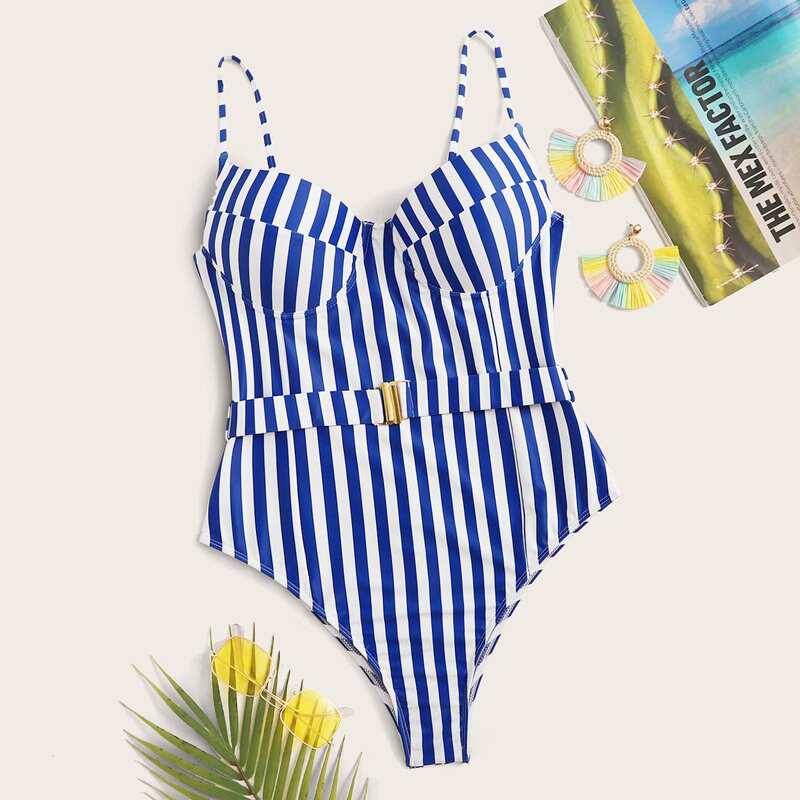 

Striped Belted One Piece Swimwear, Blue