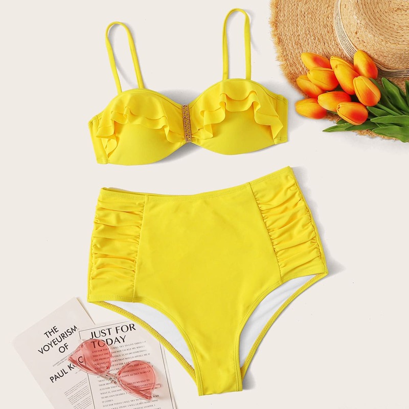 

Tiered Layer Push Up High Waist Bikini Swimsuit, Yellow