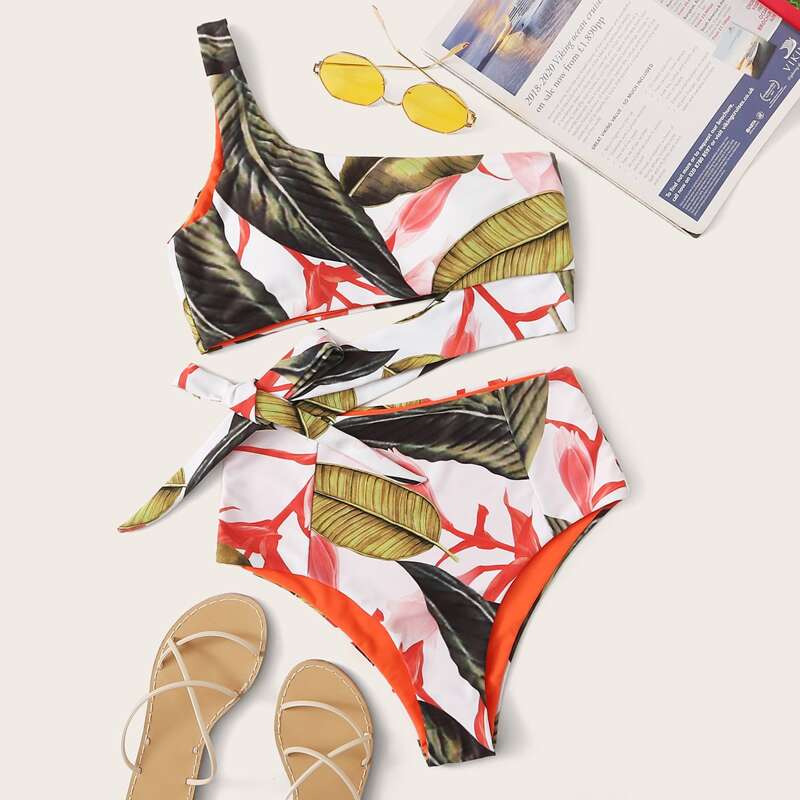 

Tropical One Shoulder High Waisted Bikini Swimsuit, Multicolor