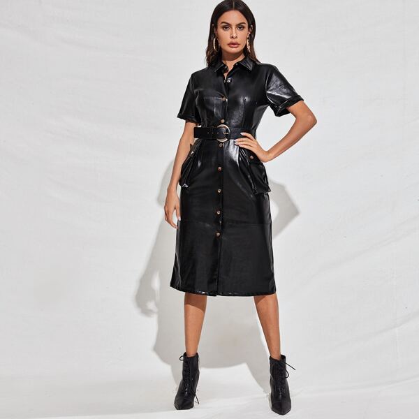 

Belted PU Leather Shirt Dress, Black