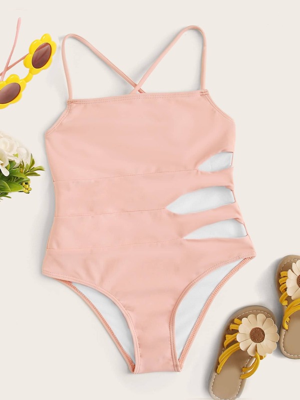 

Girls Cut Out Criss Cross One Piece Swimwear, Pink