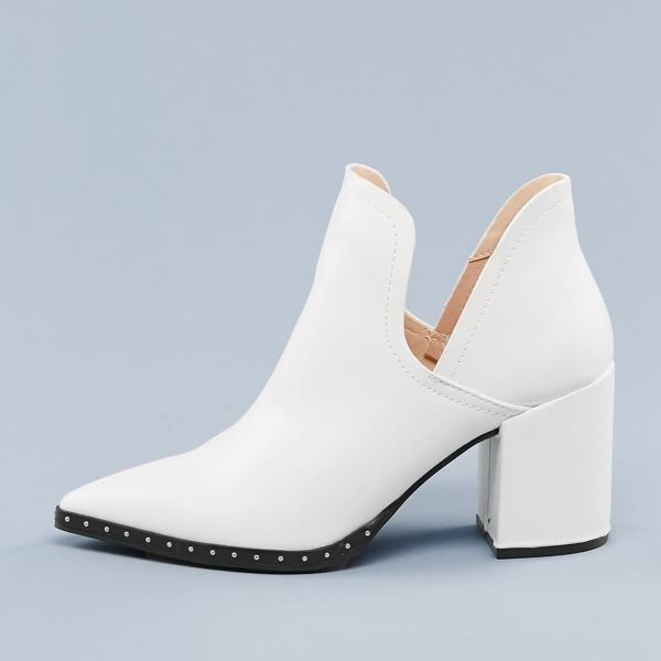 

Pointy Toe Cut Out Shaft Chunky Heel Ankle Boots, White