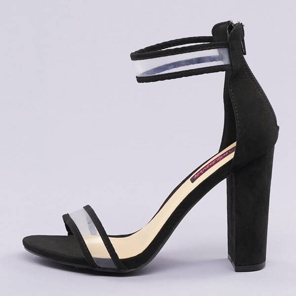 

PVC Trim Open Toe Chunky Heel Sandals, Black