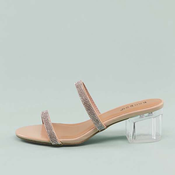 

Open Toe Double Crystal Strap Lucite Heel Sandals, Apricot