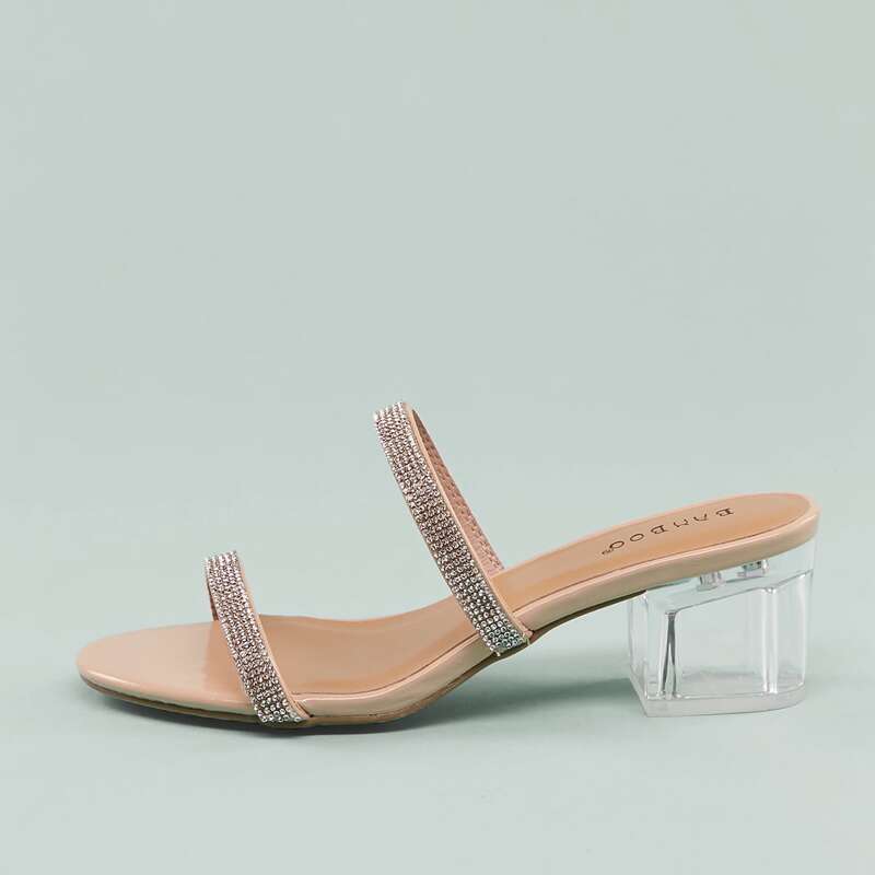 

Open Toe Double Crystal Strap Lucite Heel Sandals, Apricot