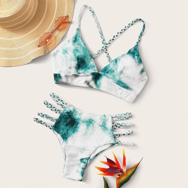 

Tie Dye Lace Up Back Bikini Swimsuit, Multicolor