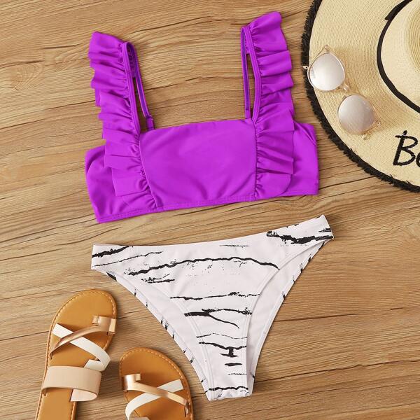 

Frill Trim Top With Marble Pattern Panty Bikini, Multicolor