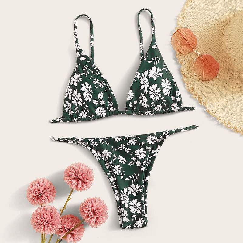 

Floral Triangle Thong Bikini Swimsuit, Multicolor