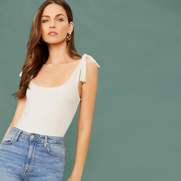 

Tie Straps Jersey Knit Sleeveless Bodysuit, White