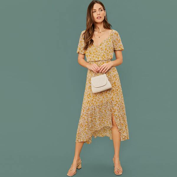 

Short Ruffle Trim Floral Midi Dress, Yellow