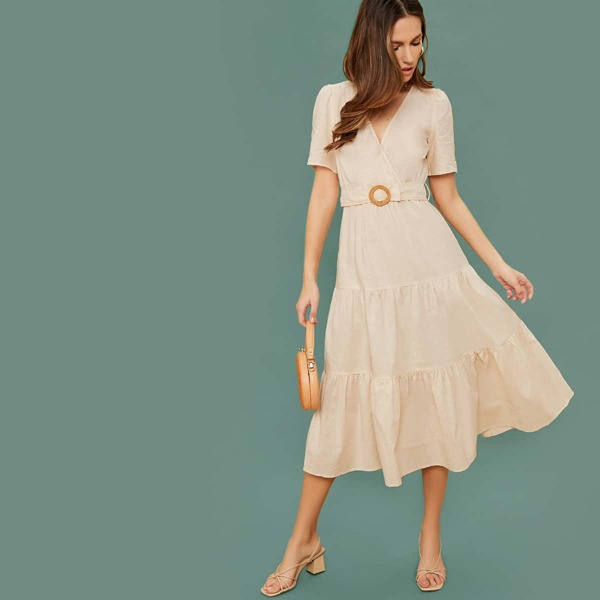 

Short Sleeve Belted Waist Shirred Skirt Dress, Beige
