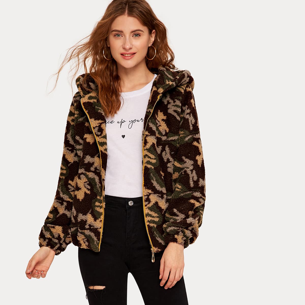 

Camo Print Zip Up Hooded Teddy Jacket, Multicolor