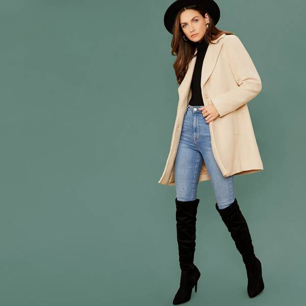 

Button Front Notch Collar Longline Coat, Beige