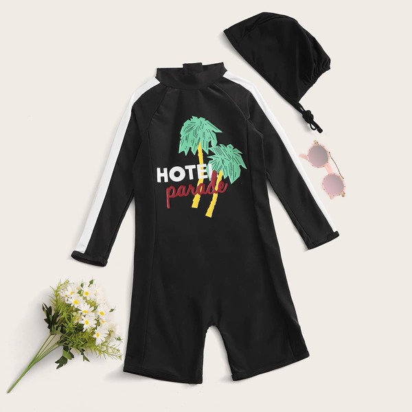 

Toddler Girls Letter & Palm Tree Print One Piece Swimwear & Hat, Black