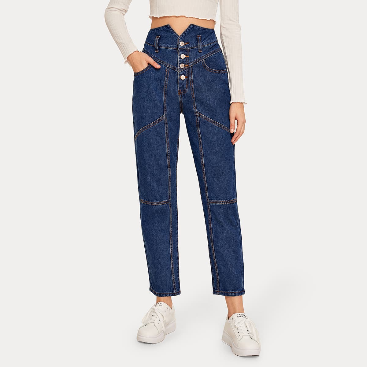 

Notch Waist Button Fly Paneled Jeans, Blue
