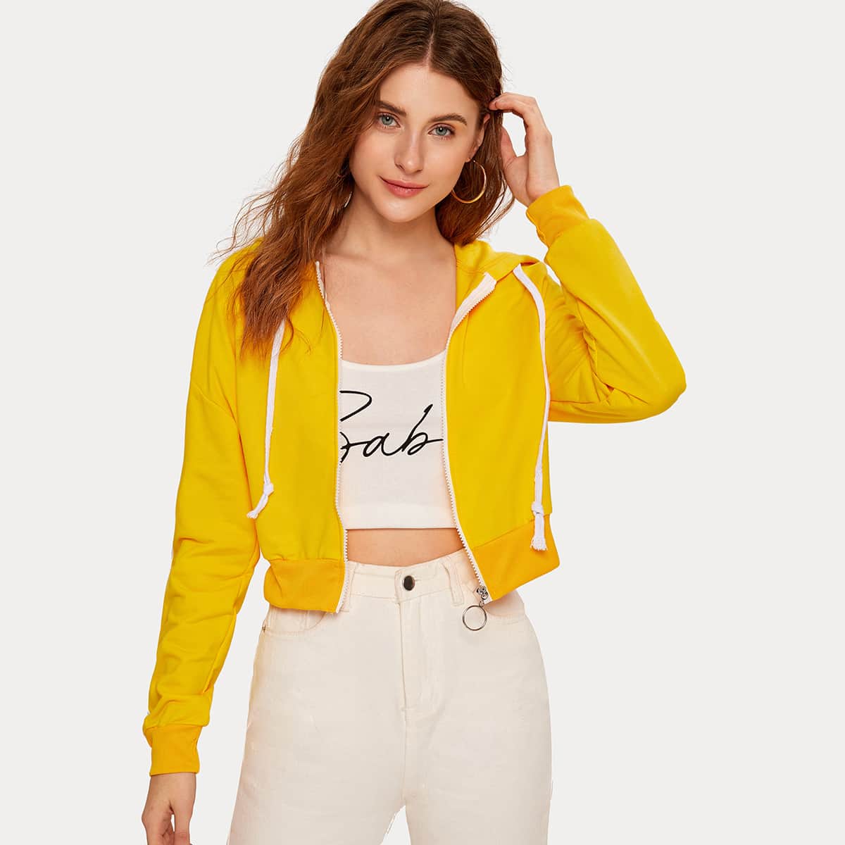 

Striped Side Zipper Drawstring Crop Hoodie, Yellow bright