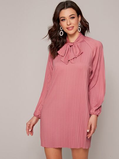 Tie Neck Plisse Detail Dress
