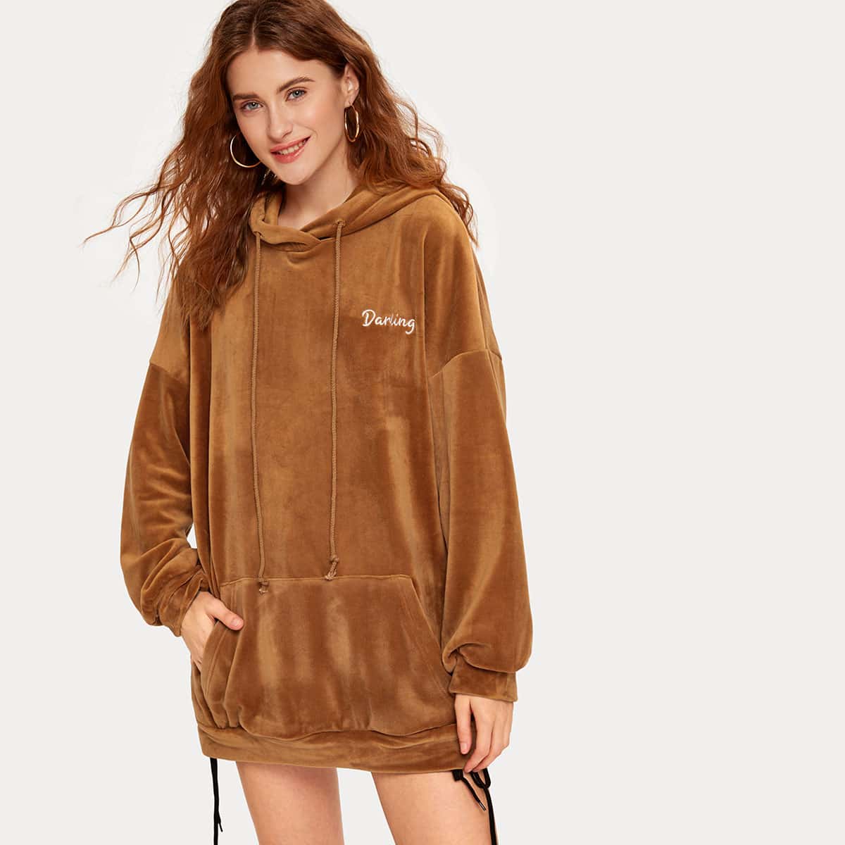 

Embroidery Letter Patch Pocket Drawstring Hoodie, Camel