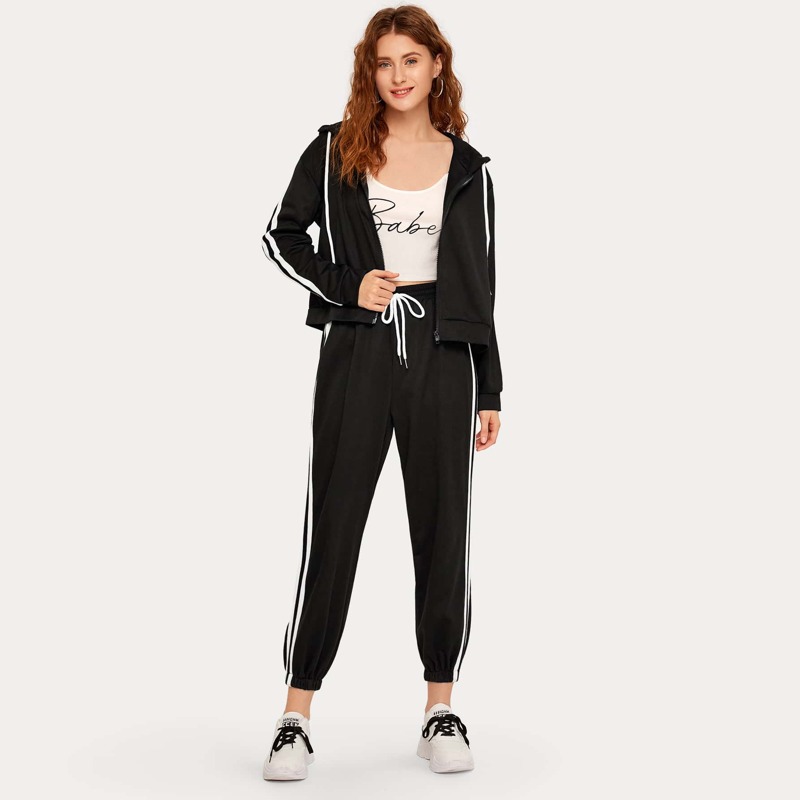 

Zip Up Striped Side Hoodie With Sweatpants, Black