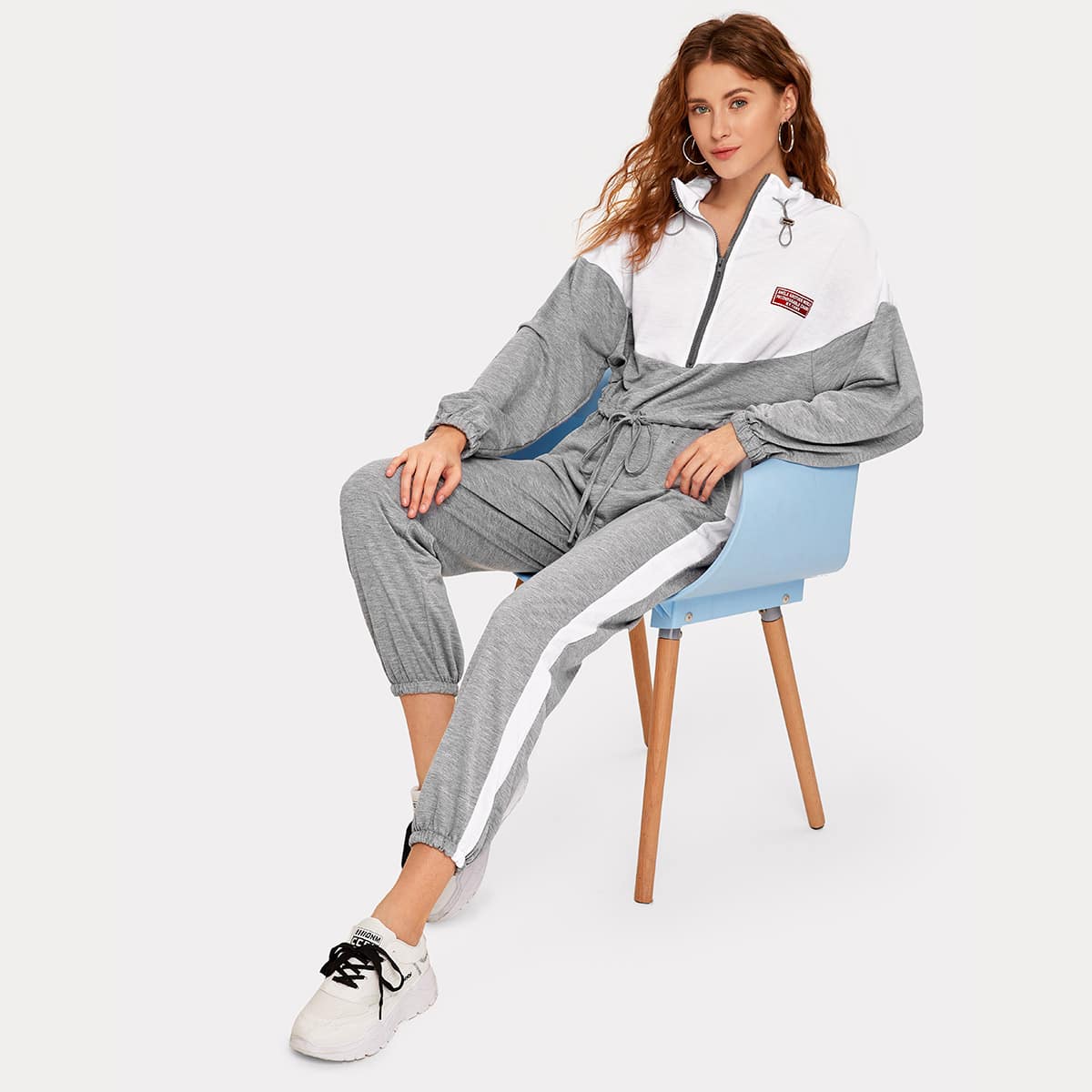 

Two Tone Half Zip Drawstring Hem Sweatshirt & Sweatpants, Grey